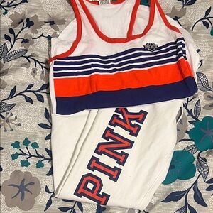 Matching Set Pink sweatpants with matching tank top White with Red and Blue Logo